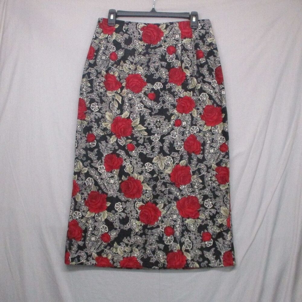 Briggs New Black Red Floral Bohemian Grunge Pencil Skirt Women Size Petite 10